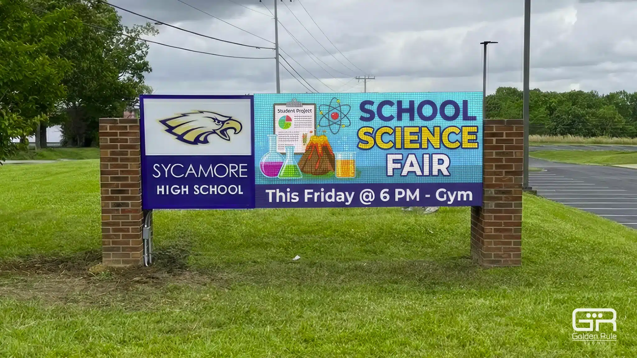 LED school marquee sign at Sycamore High School promoting science fair