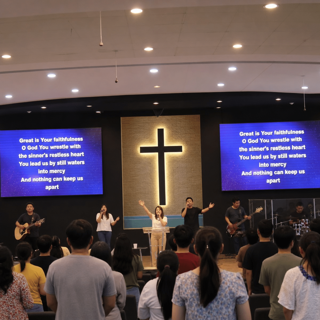 Detailed image showing LED screens displaying church lyrics